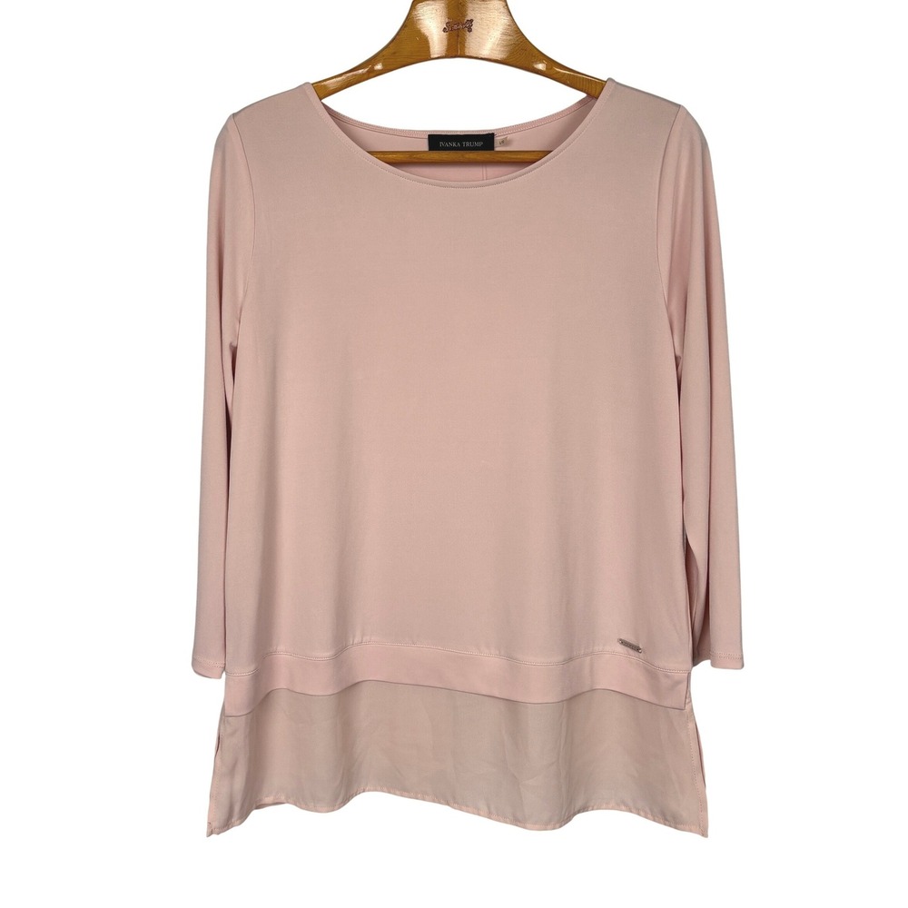 Ivanka Trump Blush Pink Layered Hem Blouse 3/4 Sleeve Stretch Top Women's L
